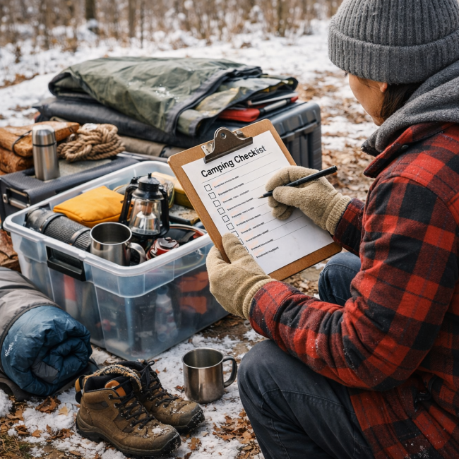 A Camper’s Winter Checklist: Preparing Now for a Stress-Free Spring Camping Season Camper organizing camping gear during winter while using a checklist to prepare for spring camping season