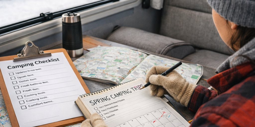 Camper inside an RV planning spring camping trips during winter with a calendar and travel map