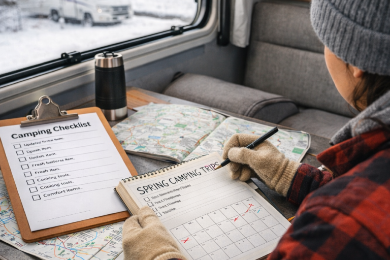 Camper inside an RV planning spring camping trips during winter with a calendar and travel map