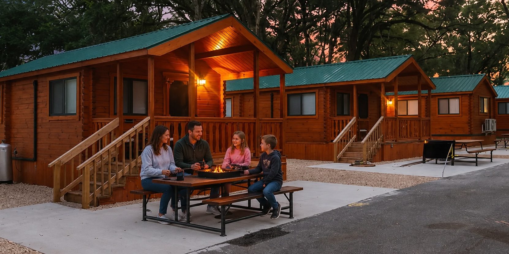Family Glamping at Stony Fork Creek Campground Family enjoying a glamping cabin vacation at Stony Fork Creek Campground in Pennsylvania
