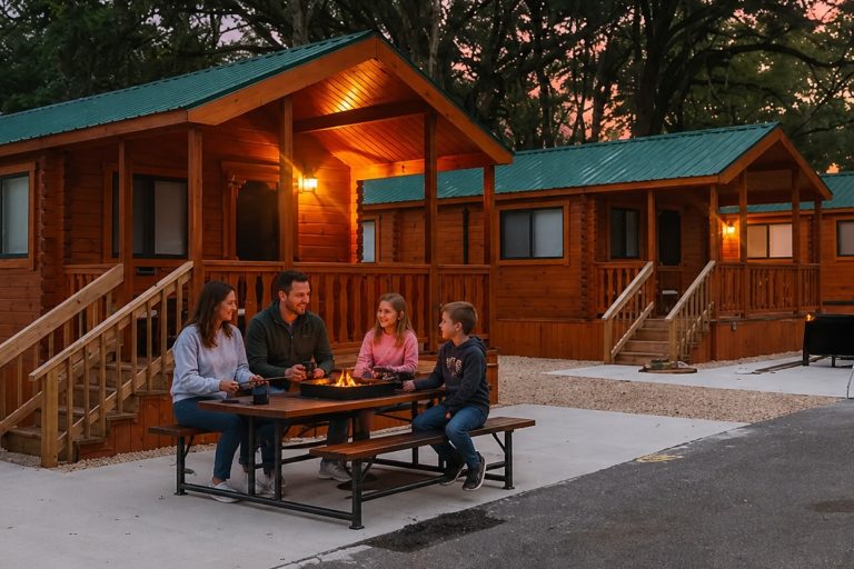 Family enjoying a glamping cabin vacation at Stony Fork Creek Campground in Pennsylvania