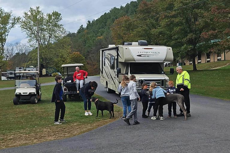 Family camping with their dog at Stony Fork Creek Campground in Pennsylvania
